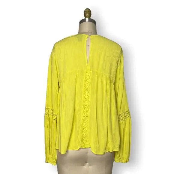 SCOOP Peasant Blouse Top w/ Crochet Trim Canary Yellow Boho Festival XS - Picture 6 of 12